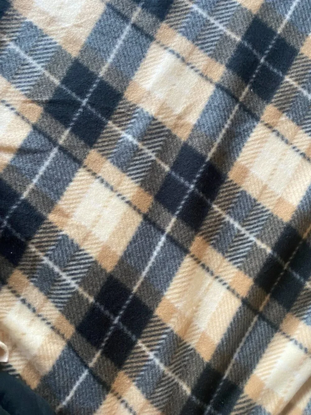 Handmade Fleece Blanket 36x51 Black Tan Cream Plaid Cozy Throw Lap Blanket